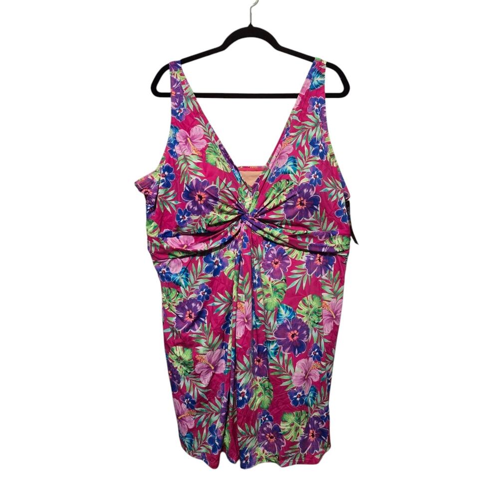 Pink and Purple Floral One-Piece Swimsuit with Ruched Detail